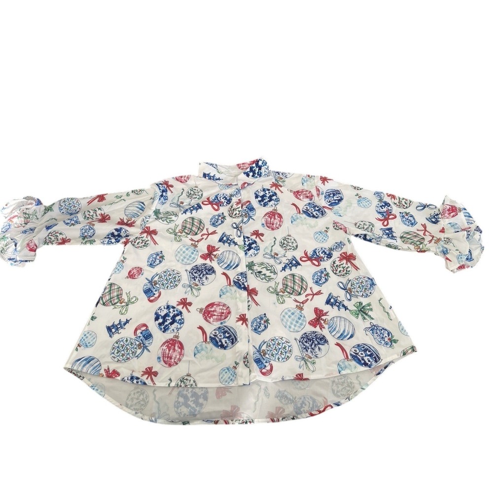 Christmas Ornament Print Ruffle Sleeve Blouse White Plus Size 3XL High Low Hem